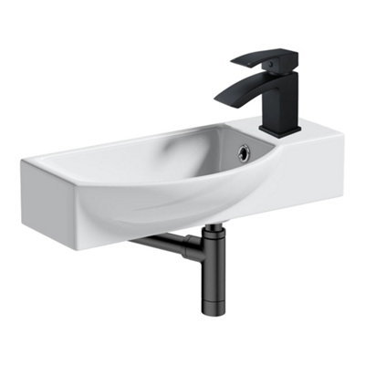 500mm Curved Wall Hung 1 Tap Hole Basin Matt Black Lucia Waterfall Tap & Minimalist Bottle Trap Waste