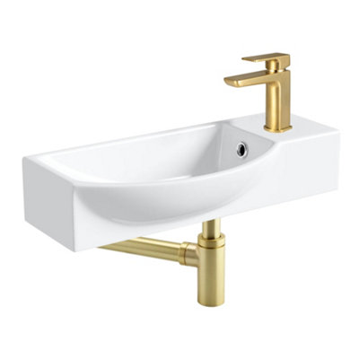 500mm Curved Wall Hung Basin Sink Including Brushed Brass Basin Tap, Waste & Bottle Trap