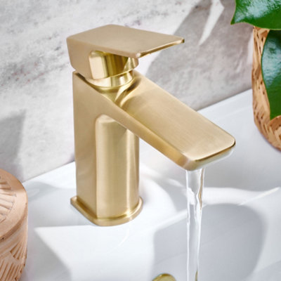 500mm Curved Wall Hung Basin Sink Including Brushed Brass Basin Tap, Waste & Bottle Trap
