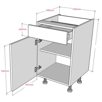 500mm Drawer Line Base Kitchen Cabinet - 720mm High - Soft-Close Drawer ...