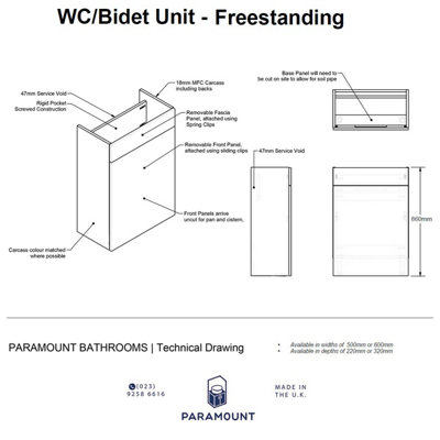 500mm Freestanding WC Unit (Fully Assembled) - Lucente Gloss Cashmere Slimline Depth With No Pan And No Cistern