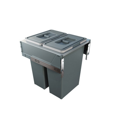 500mm Grey Cabinet Bin Side Mounted 2 x 35L Integrated Pull Out Waste Recycling