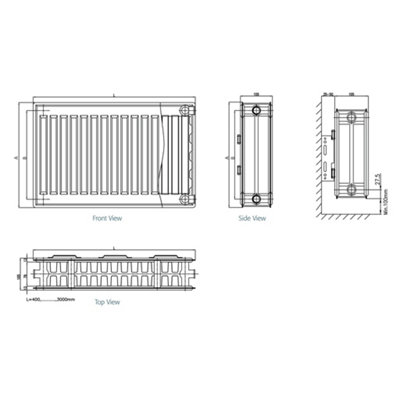 500mm (H) x 2400mm (W) - Type 22 Radiator - Double Panel - Double Convector - White Enamel (RAL 9016) - (0.5m x 2.4m) (20" x 95")