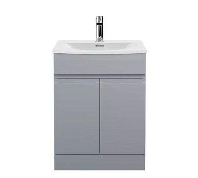 500mm High Gloss Light Grey Handleless Vanity Unit - Floor Standing, Soft Close, Ceramic Basin