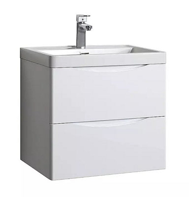 500mm High Gloss White Wall Hung Bathroom Smile Vanity Unit Soft Close Drawer With Ceramic Basin