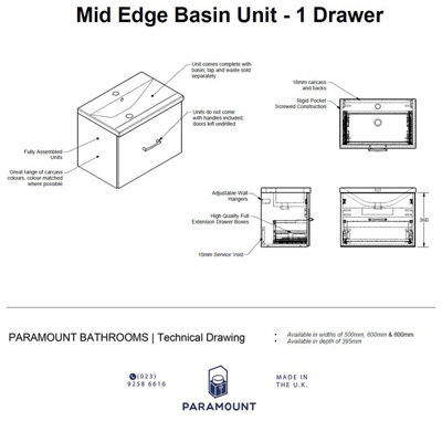 500mm Mid Edge 1 Drawer Wall Hung Bathroom Vanity Basin Unit (Fully Assembled) - Cambridge Solid Wood Light Grey