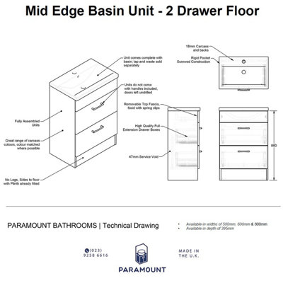 500mm Mid Edge 2 Drawer Floor Standing Bathroom Vanity Basin Unit (Fully Assembled) - Cambridge Solid Wood Light Grey