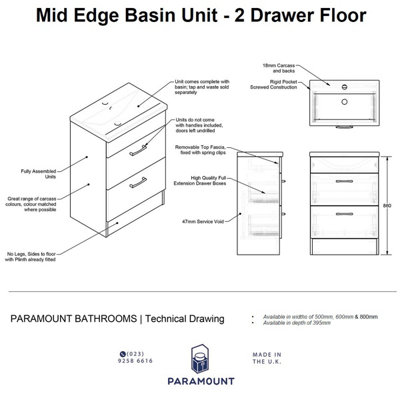 500mm Mid Edge 2 Drawer Floor Standing Bathroom Vanity Basin Unit (Fully Assembled) - Vivo Matt Dust Grey