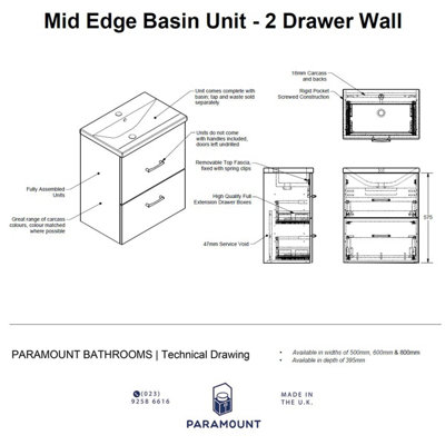 500mm Mid Edge 2 Drawer Wall Hung Bathroom Vanity Basin Unit (Fully Assembled) - Lucente Matt Cashmere
