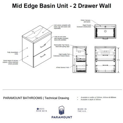 500mm Mid Edge 2 Drawer Wall Hung Bathroom Vanity Basin Unit (Fully Assembled) - Vivo Matt Cashmere