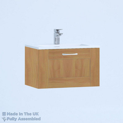 500mm Minimalist 1 Drawer Wall Hung Bathroom Vanity Basin Unit (Fully Assembled) - Cambridge Solid Wood Natural Oak