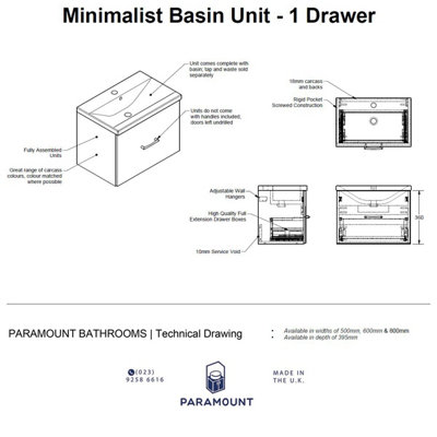 500mm Minimalist 1 Drawer Wall Hung Bathroom Vanity Basin Unit (Fully Assembled) - Lucente Matt Light Grey