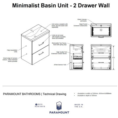 500mm Minimalist 2 Drawer Wall Hung Bathroom Vanity Basin Unit (Fully Assembled) - Cambridge Solid Wood Mussel