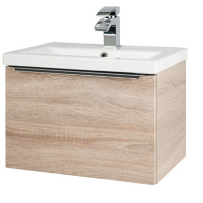 500mm Sonoma Oak Wall Mounted Bathroom Vanity Unit and Basin (Central) - Brassware not included