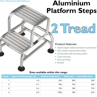 500mm Tall Stable Steps Sturdy Aluminium Frame 500mm Wide 2 Tread Step Ladder