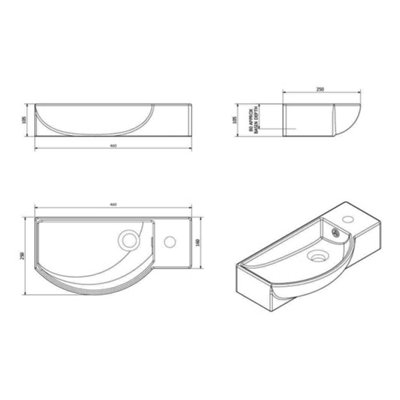 500mm Wall Hung Curved Basin 1 Tap Hole - 3