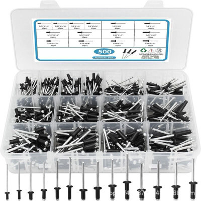 500Pcs Black Pop Rivets Assortment, 14 Aluminum Rivet Sizes 3/32 inch ...