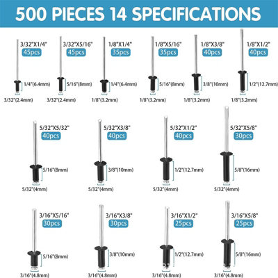 500Pcs Black Pop Rivets Assortment, 14 Aluminum Rivet Sizes 3/32 inch ...