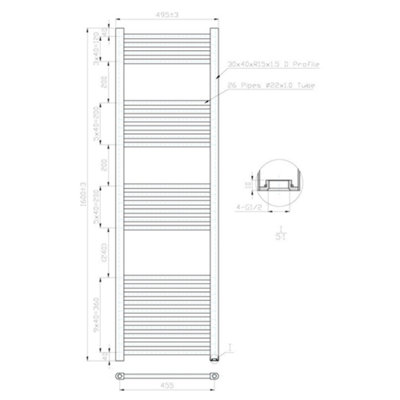 500x1600mm Matt Black Heated Towel Warmer Ladder Rail Radiator