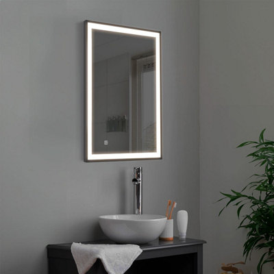 500x700mm LED Illuminated Bathroom Mirror Black Framed Cool White with Touch Sensor & Demister Pad