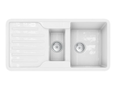 - Kersin Dante Gloss White Composite Fireclay Style 1.5 Bowl Sink & Drainer (W) 500 X (L) 1000mm