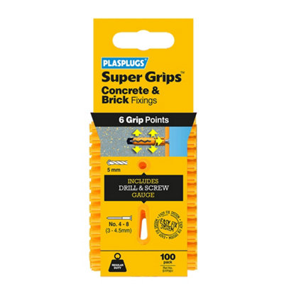 Plasplugs Super Grips Yellow Plastic Wall Plug (Dia)4.5mm (L)24.5mmPack Of 100 from B&Q