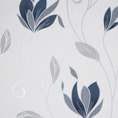 Fine Décor Crown Synergy Floral Navy Silver Leaf Textured Glitter Wallpaper M1716 from B&Q