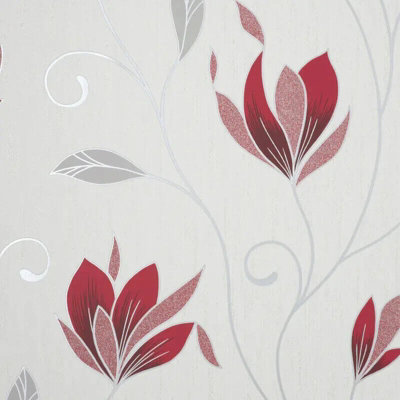 Fine Décor Crown Synergy Floral Red Silver Leaf Textured Glitter Wallpaper M1718 from B&Q