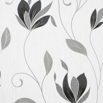 Fine Décor Crown Synergy Floral Black Silver Leaf Textured Glitter Wallpaper M1719 from B&Q