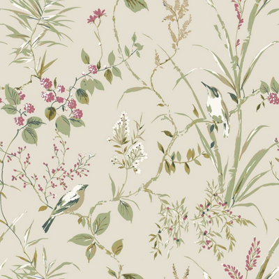 B&Q -  Mariko Bird Floral Wallpaper Natural / Pink Crown M1855