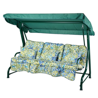 Alfresia Roma 3-Seater Swing Seat Green Frame With Classic Blue Green Multi Cushion from B&Q