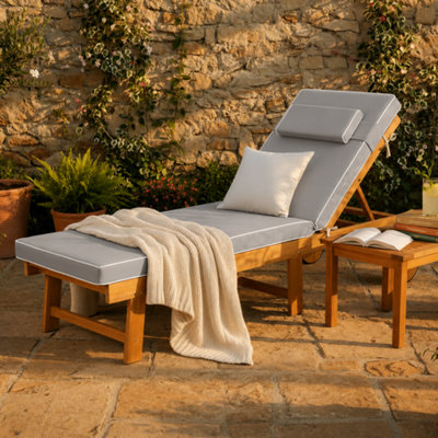 Alfresia Acacia Wooden Wheeled Sun Lounger With Luxury Grey Cushion from B&Q