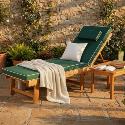 Alfresia Acacia Wooden Wheeled Sun Lounger With Luxury Green Cushion from B&Q
