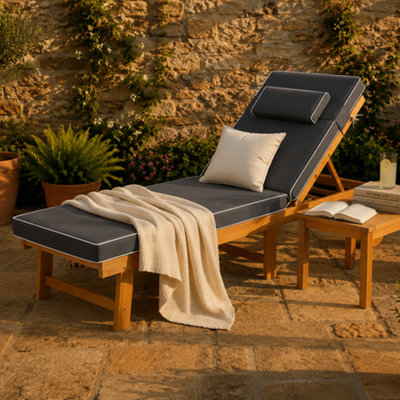 Alfresia Acacia Wooden Wheeled Sun Lounger With Luxury Charcoal Cushion from B&Q