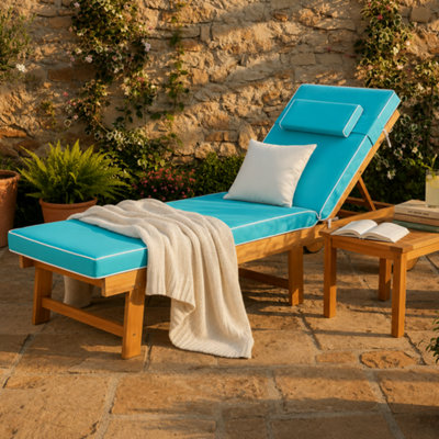 Alfresia Acacia Wooden Wheeled Sun Lounger With Luxury Teal Cushion from B&Q