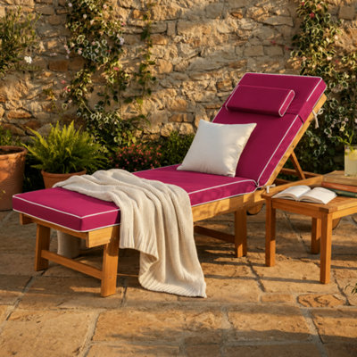 Alfresia Acacia Wooden Wheeled Sun Lounger With Luxury Wine Red Cushion from B&Q