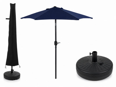 B&Q -  2.7M Navy Blue Parasol With 22L With Water Or Sand Filled Round Base & Cover Included