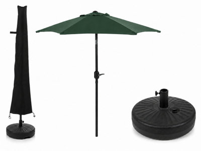 B&Q -  2.7M Green Parasol With 22L With Water Or Sand Filled Round Base & Cover Included