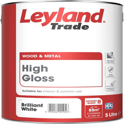Leyland Trade Pure Brilliant White Gloss Metal & Wood Paint5L from B&Q