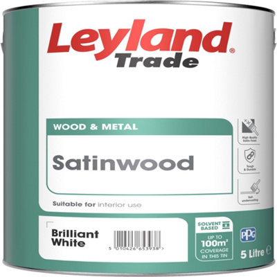 Leyland Trade Pure Brilliant White Satinwood Metal & Wood Paint5L from B&Q