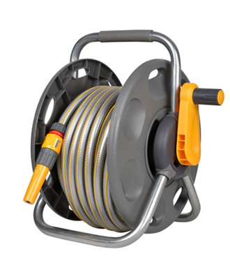 Hozelock 2 In 1 Freestanding Grey & Yellow Hose Pipe Set (L)25MWith Nozzle Connectors Fixings from B&Q