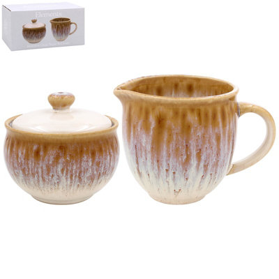 Reactive Glaze Sugar Bowl and Cream Jug Set Ceramic Vintage Style Tea Coffee - Image 3