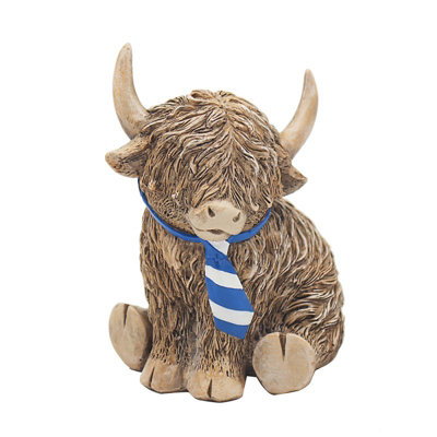 Highland Cow Figurine In Blue Scarf Ornament Decor Rustic Display Resin Gift from B&Q