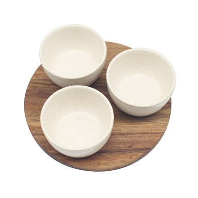Snack Dish W/ Wood Tray 3Pcs Serving Board Party Sauce Chips Dips Platter Bowls from B&Q