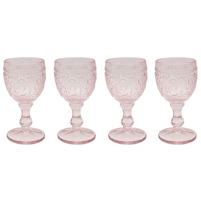 Wine Glasses Pink 4-Set Embossed Design Bar Liquor Champagne Glass Drinkware