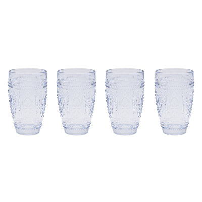 Tumbler Glasses Blue 4-Set Embossed Design Bar Liquor Martini Glass Drinkware