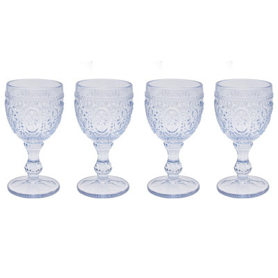 Wine Glasses Blue 4-Set Embossed Design Bar Liquor Champagne Glass Drinkware