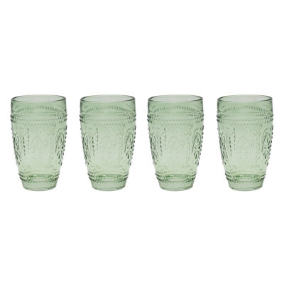 Tumbler Glasses Green 4-Set Embossed Design Bar Liquor Martini Glass Drinkware