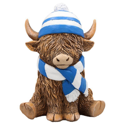  - Highland Cow Figurine Blue Scarf & Hat Scottish Ornament Display Decoration