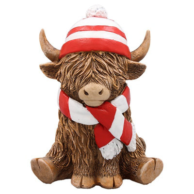  - Figurine Highland Cow Scarf & Hat Animal Ornament Rustic Home Decoration Display